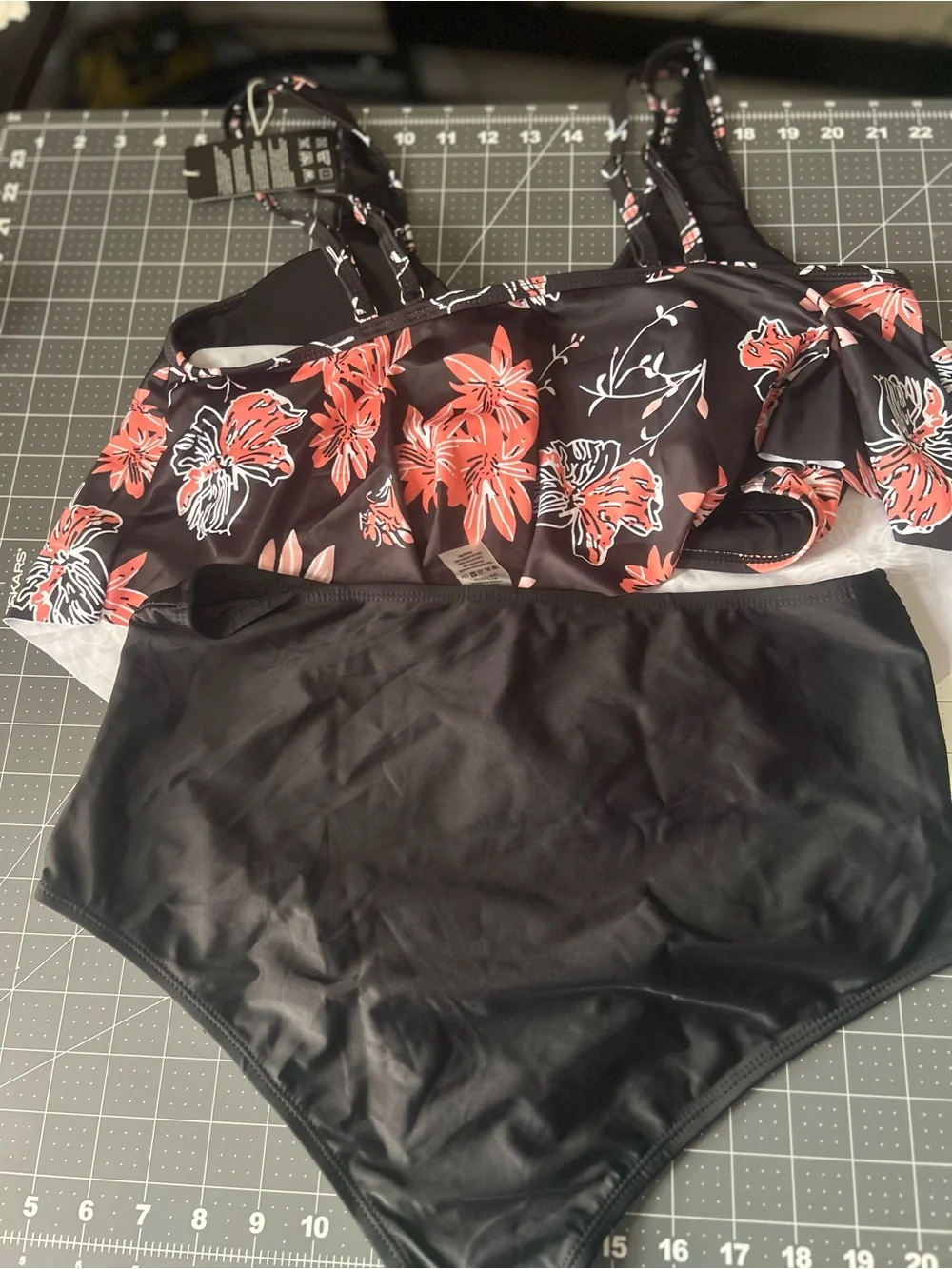 Black Floral High-Waist Bikini Set - Coral & White Flowers